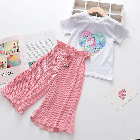 Girls Summer Sequined Unicorn Short Shirt Wide Leg Pants Set